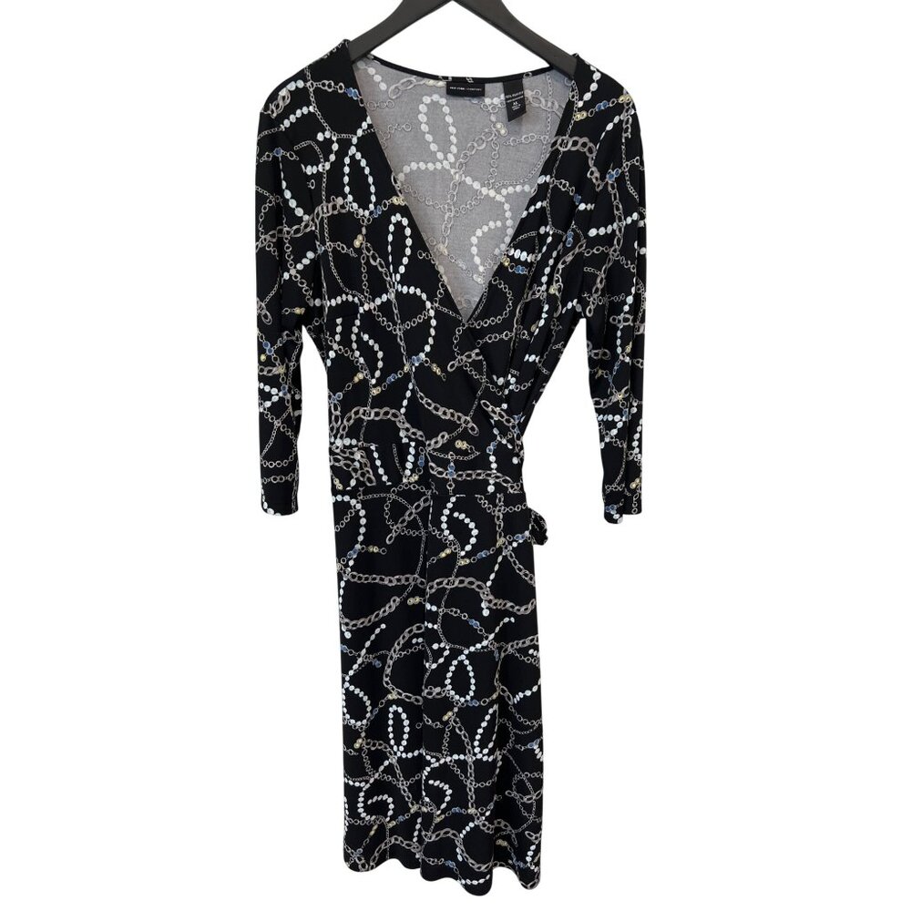 New York and Company Chain Print Wrap Dress Sz XL 3/4 Sleeve Black White Career